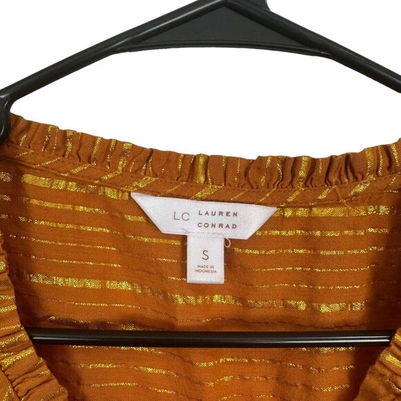 LC Lauren Conrad Women SZ S Mustard Gold Striped Top Blouse Tie V Neck Pullover - Picture 4 of 13